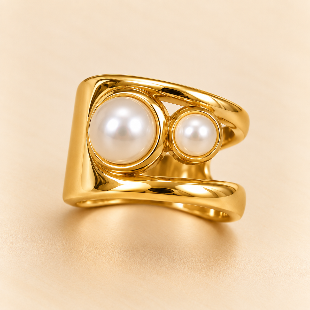 18K Gold-Plated Dual Pearl Modern Statement Ring