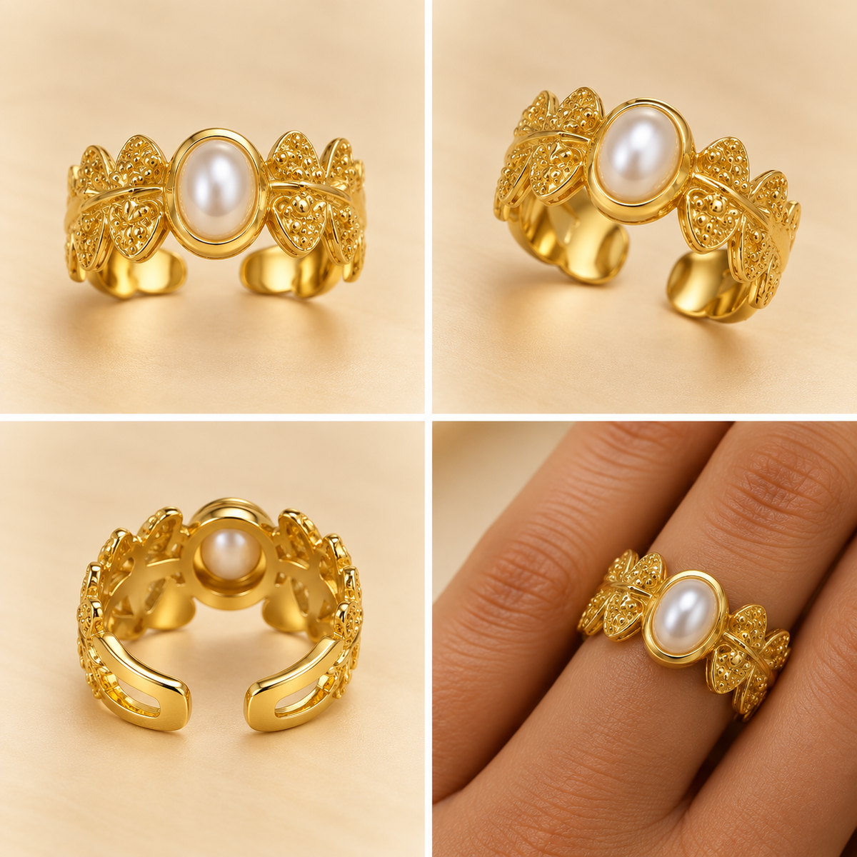 18K Gold-Plated Vintage Pearl Floral Statement Ring