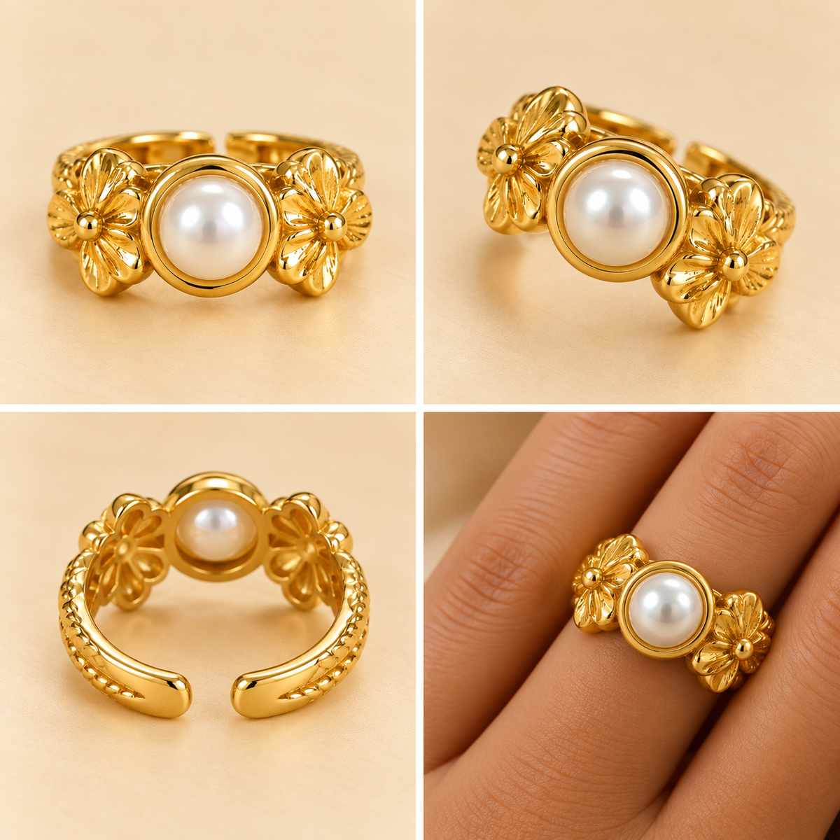 18K Gold-Plated Pearl Blossom Floral Ring