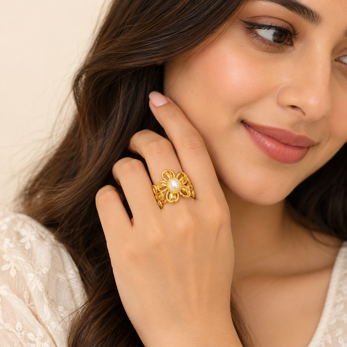 18K Gold-Plated Pearl Bloom Floral Statement Ring