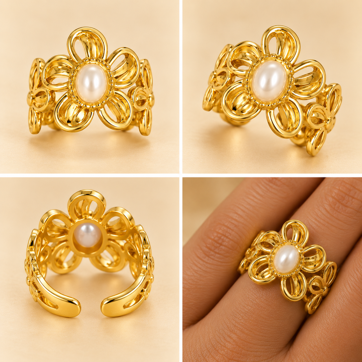 18K Gold-Plated Pearl Bloom Floral Statement Ring