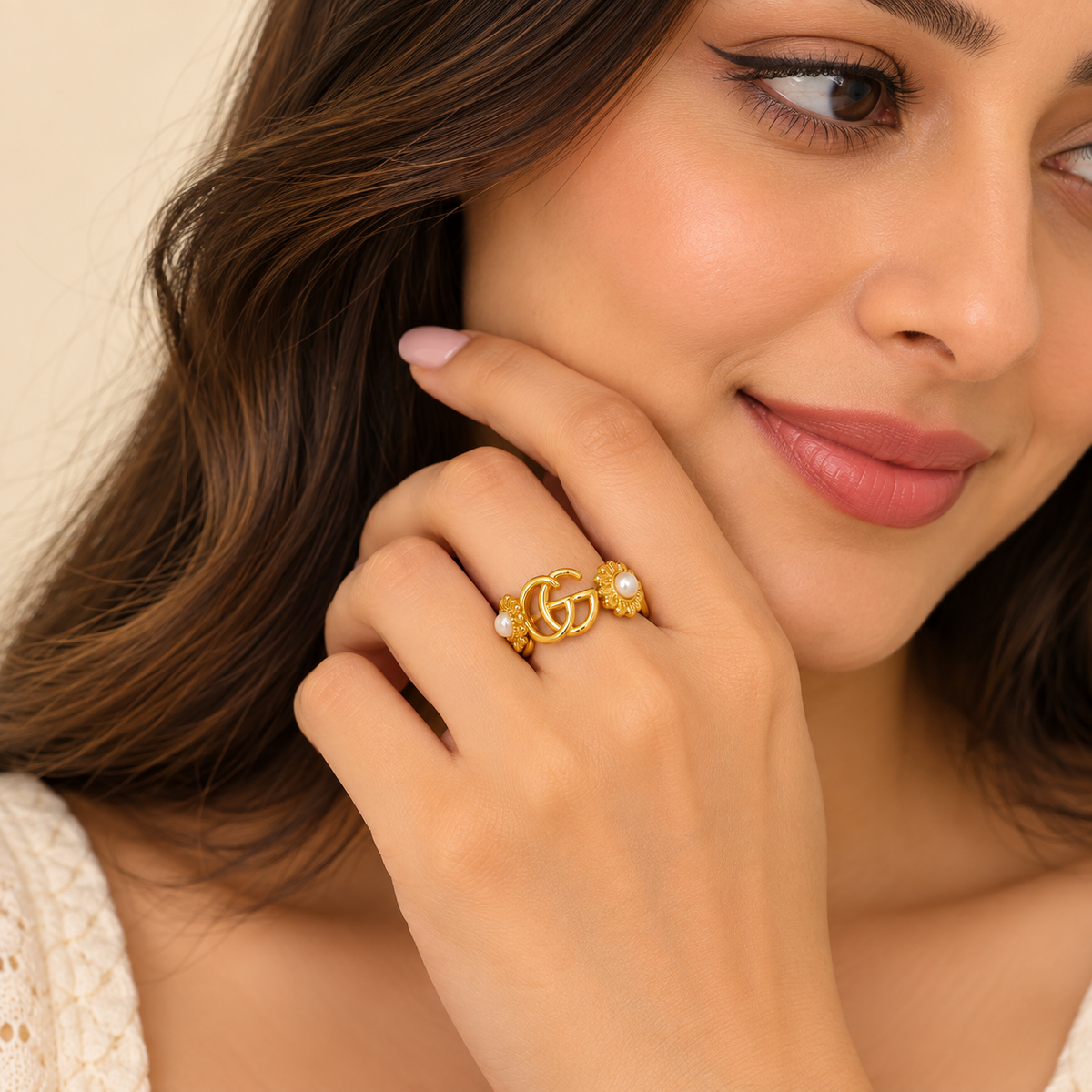 18K Gold-Plated Pearl Floral Adjustable Ring for Women