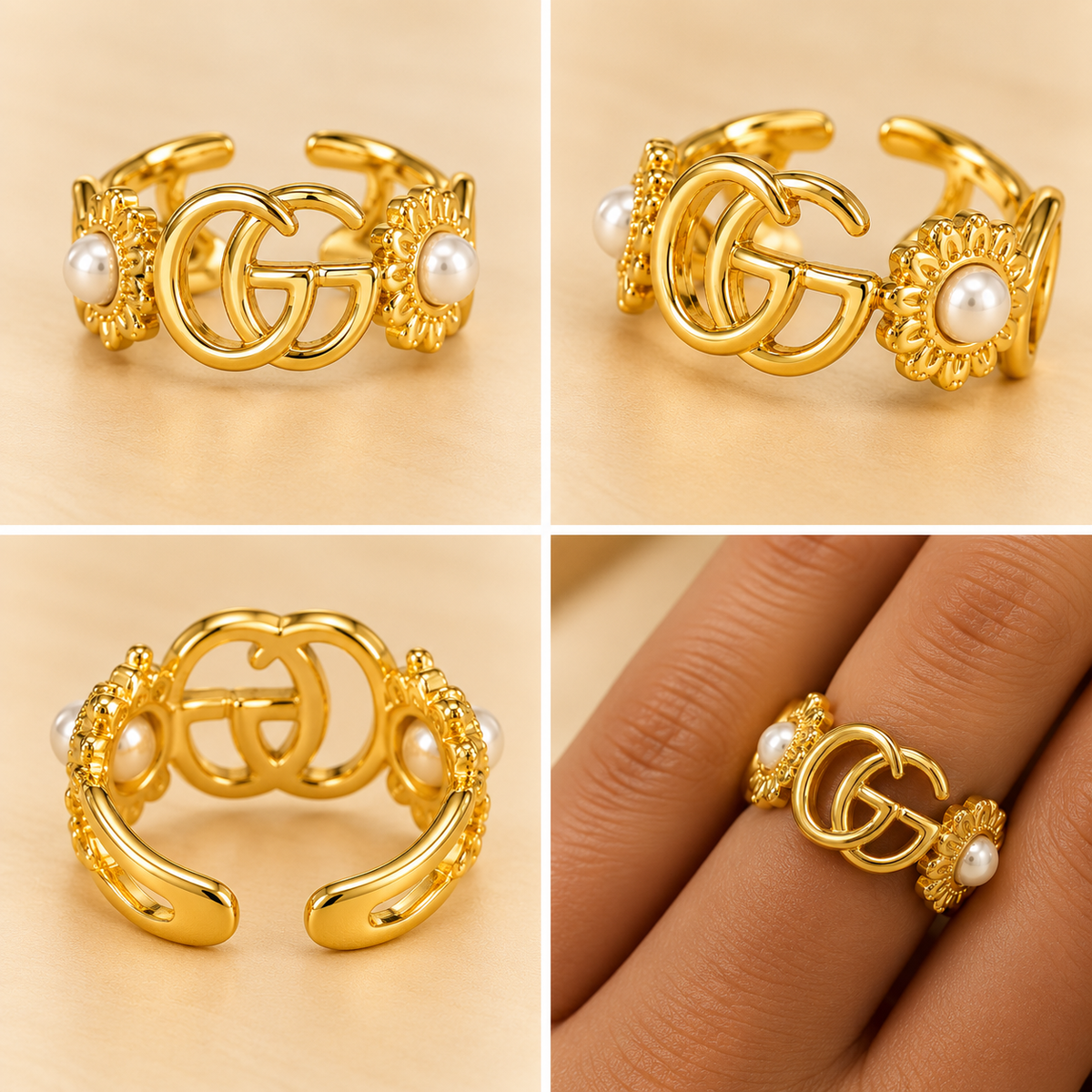 18K Gold-Plated Pearl Floral Adjustable Ring for Women