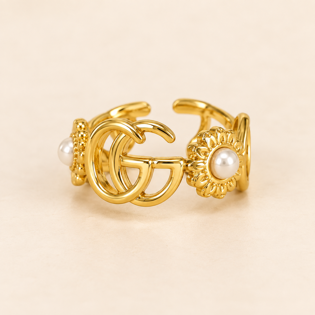 18K Gold-Plated Pearl Floral Adjustable Ring for Women