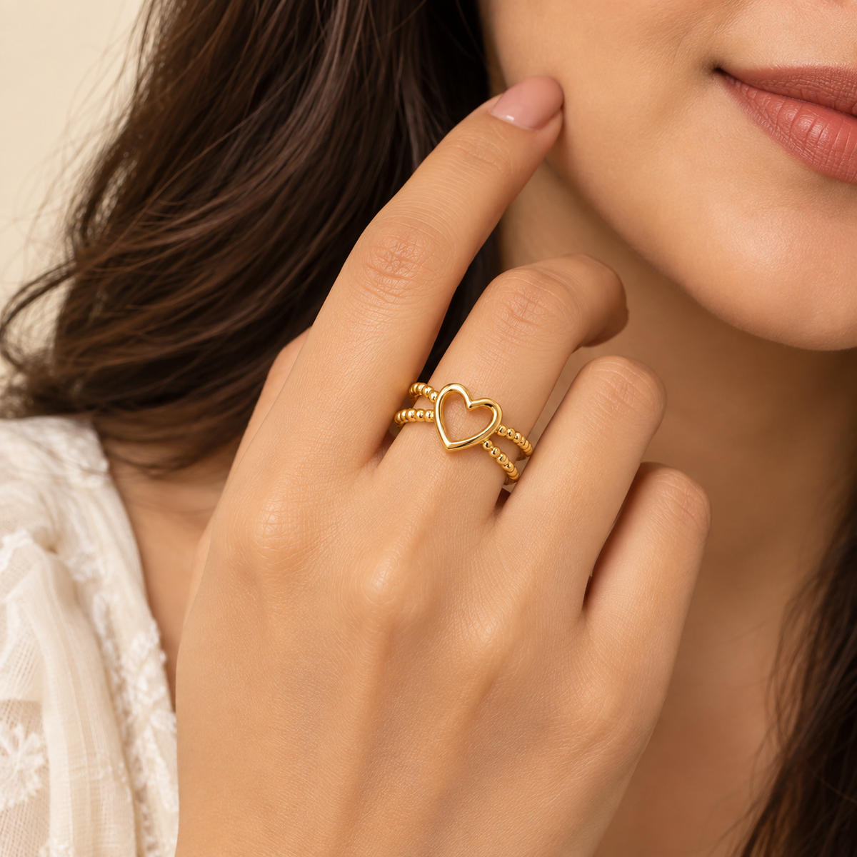 18K Gold-Plated Open Heart Beaded Ring