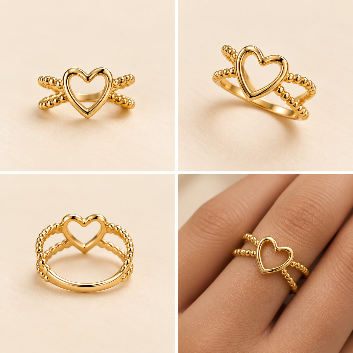 18K Gold-Plated Open Heart Beaded Ring