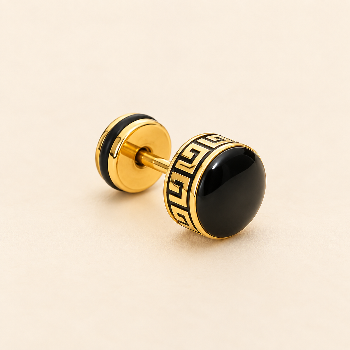 Men - 18K Gold-Plated Black Onyx Greek Key Stud Earrings