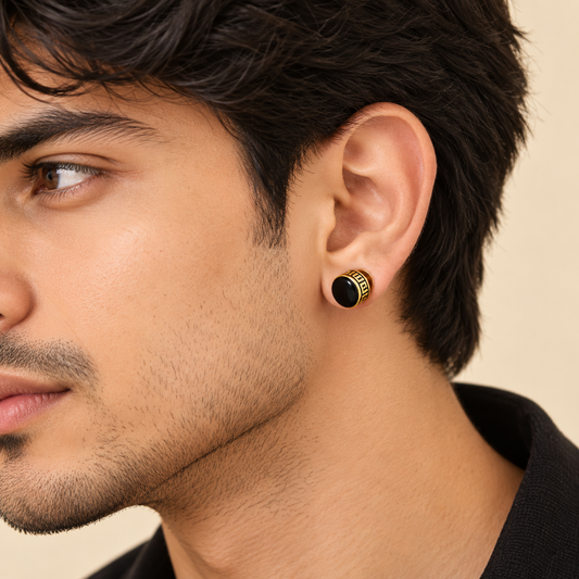 Men - 18K Gold-Plated Black Onyx Greek Key Stud Earrings