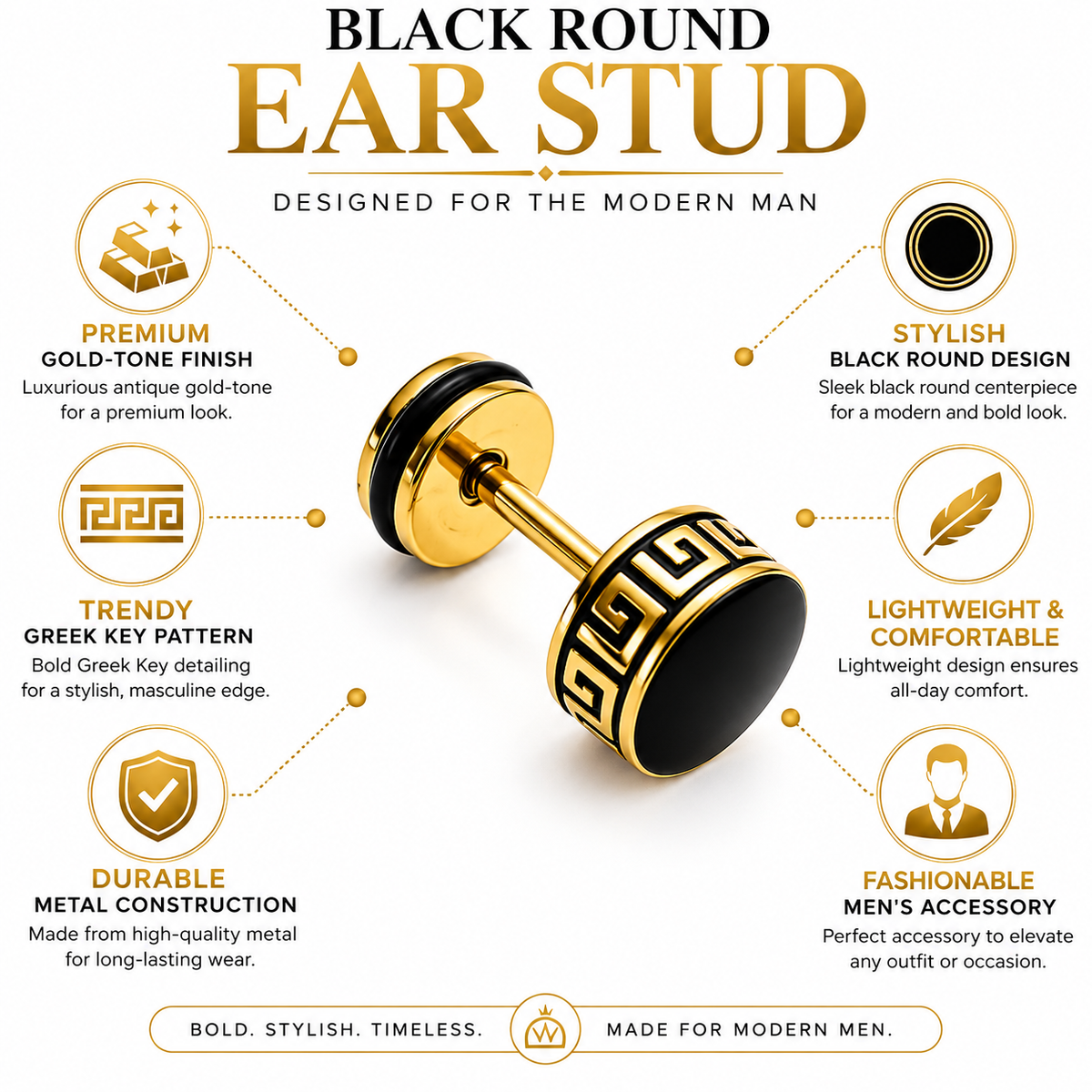 Men - 18K Gold-Plated Black Onyx Greek Key Stud Earrings
