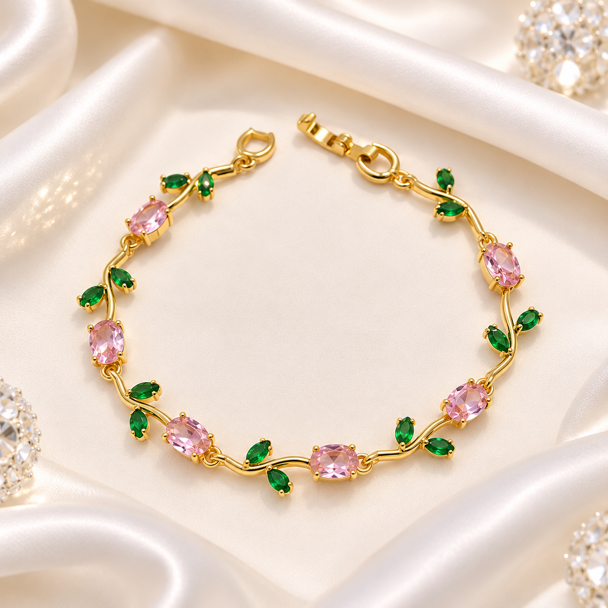 Blush Bloom Green Leaf Gold Bracelet