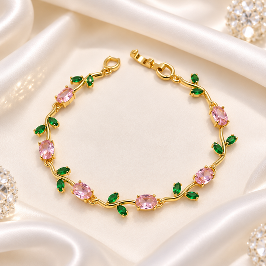 Blush Bloom Green Leaf Gold Bracelet