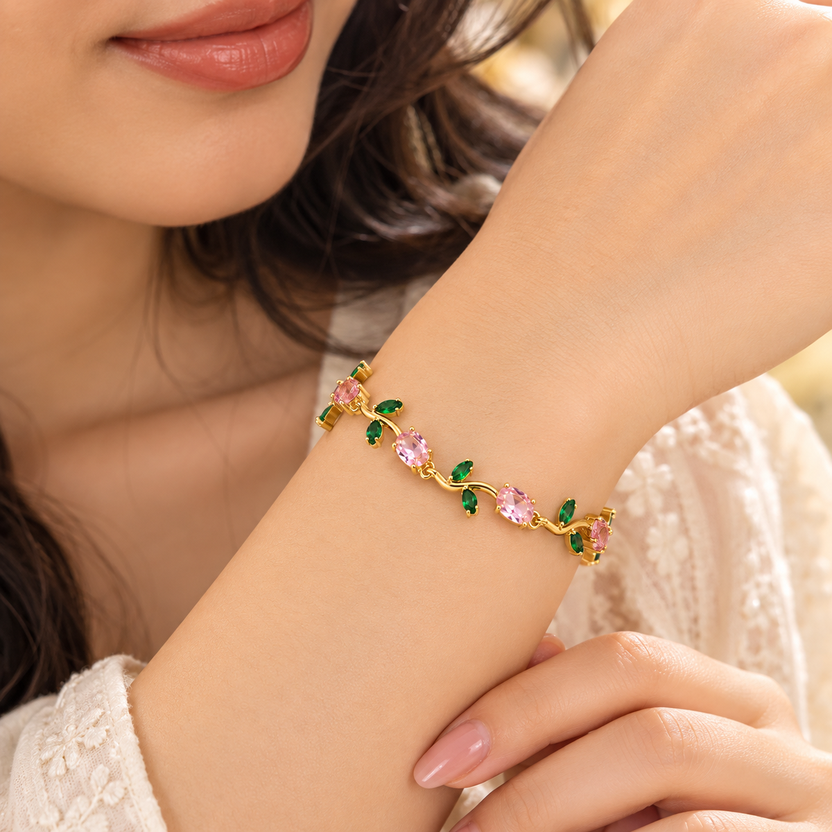 Blush Bloom Green Leaf Gold Bracelet
