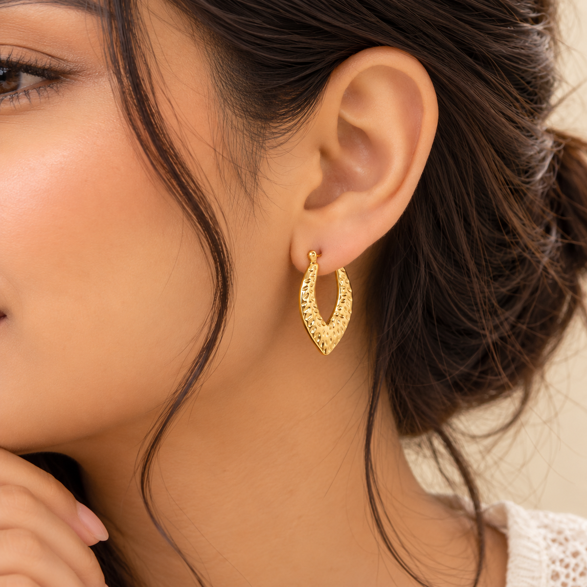 18K Gold-Plated Textured V-Shaped Gold Hoop Earrings