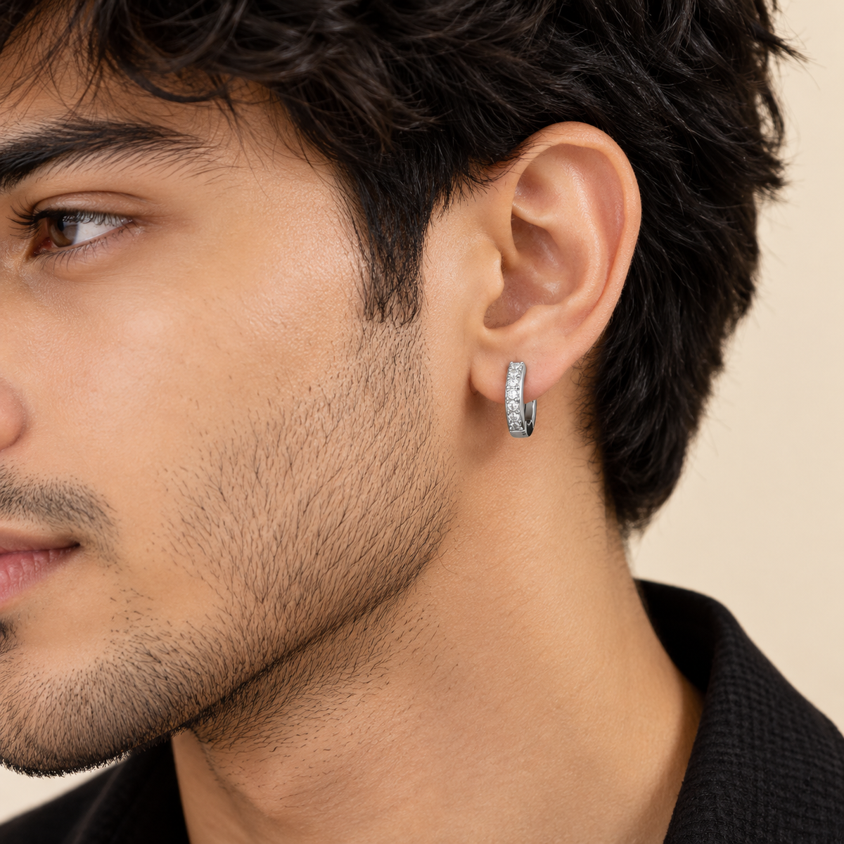 Men - Silver Crystal Huggie Hoop Earring