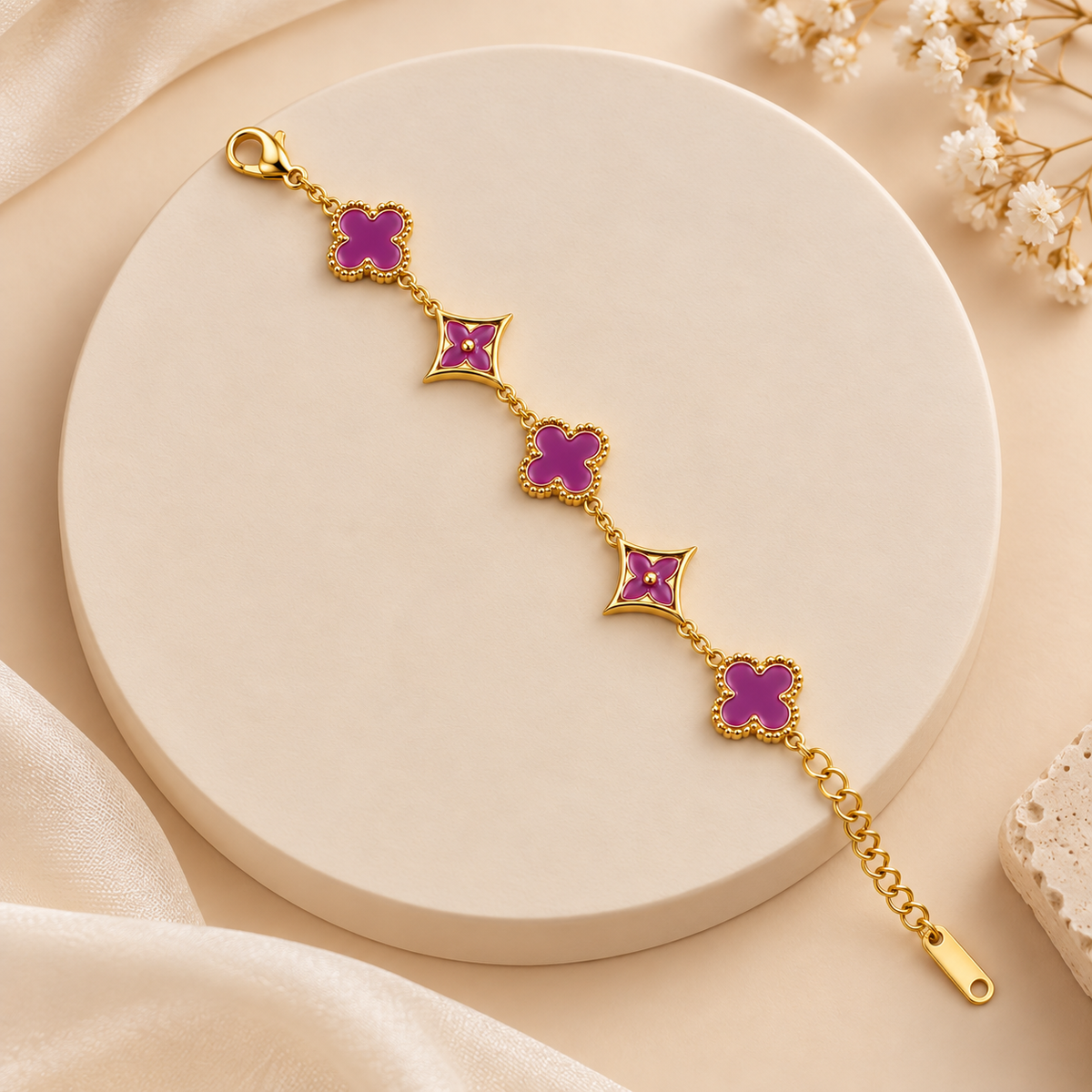 18K Gold Plated Purple Clover Charm Gold Bracelet