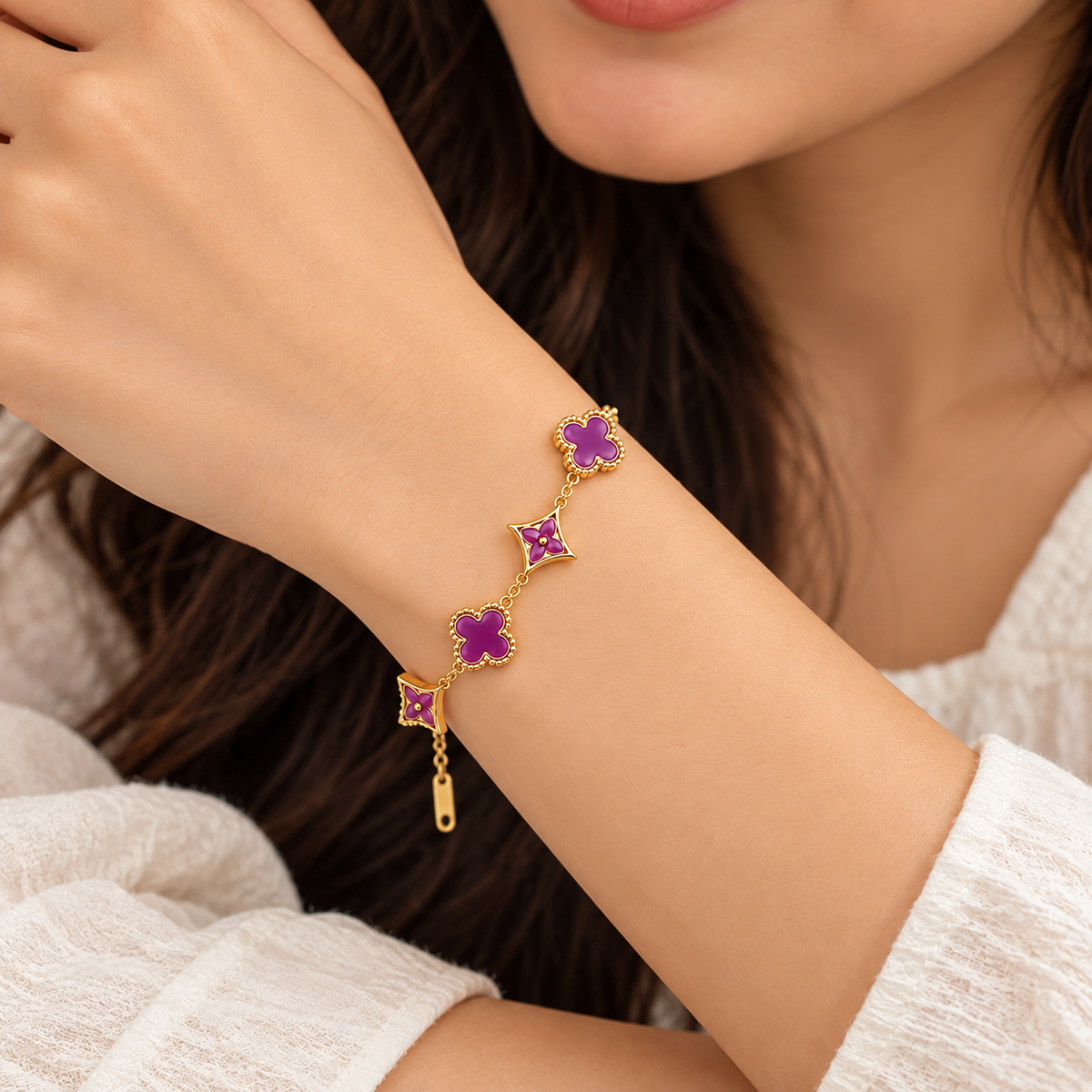 18K Gold Plated Purple Clover Charm Gold Bracelet