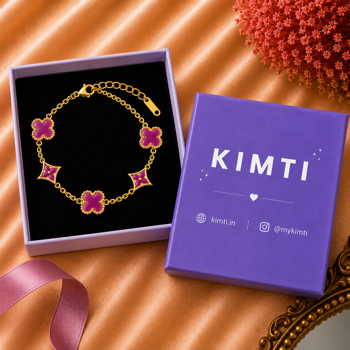 18K Gold Plated Purple Clover Charm Gold Bracelet