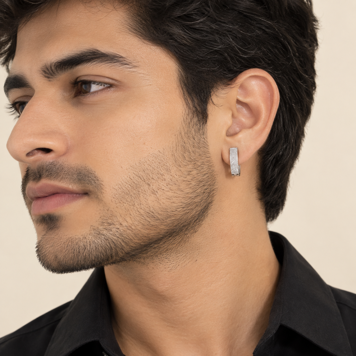 Men - Silver Sparkle Textured Huggie Hoop Earring