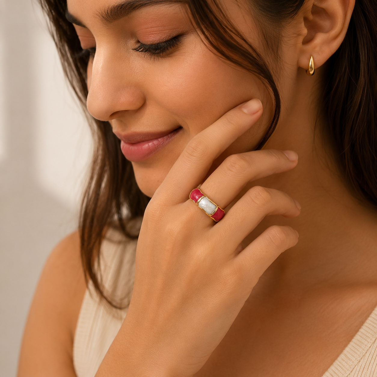Scarlet Pearl Wave  Adjustable Ring