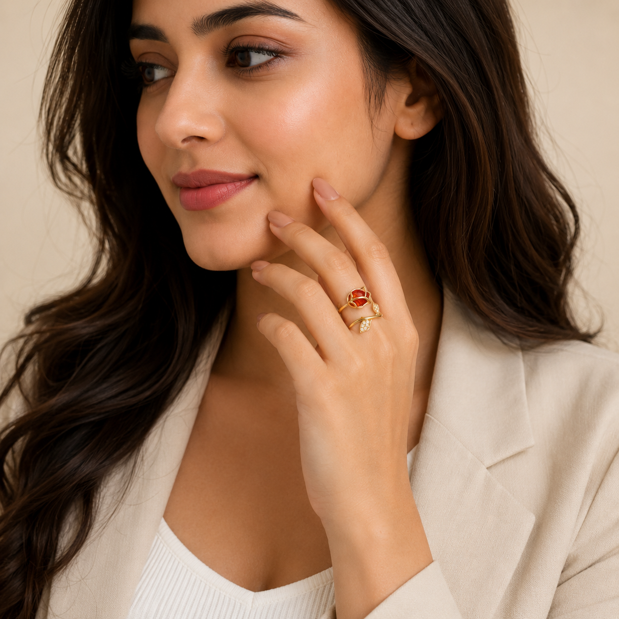 Ruby Leaf Elegance Adjustable Ring