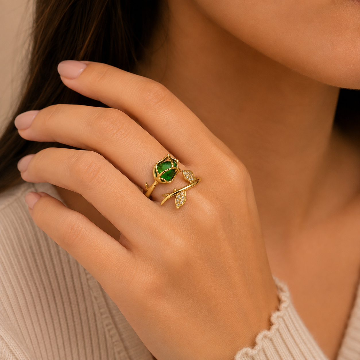 Green Petal Luxe Adjustable Ring
