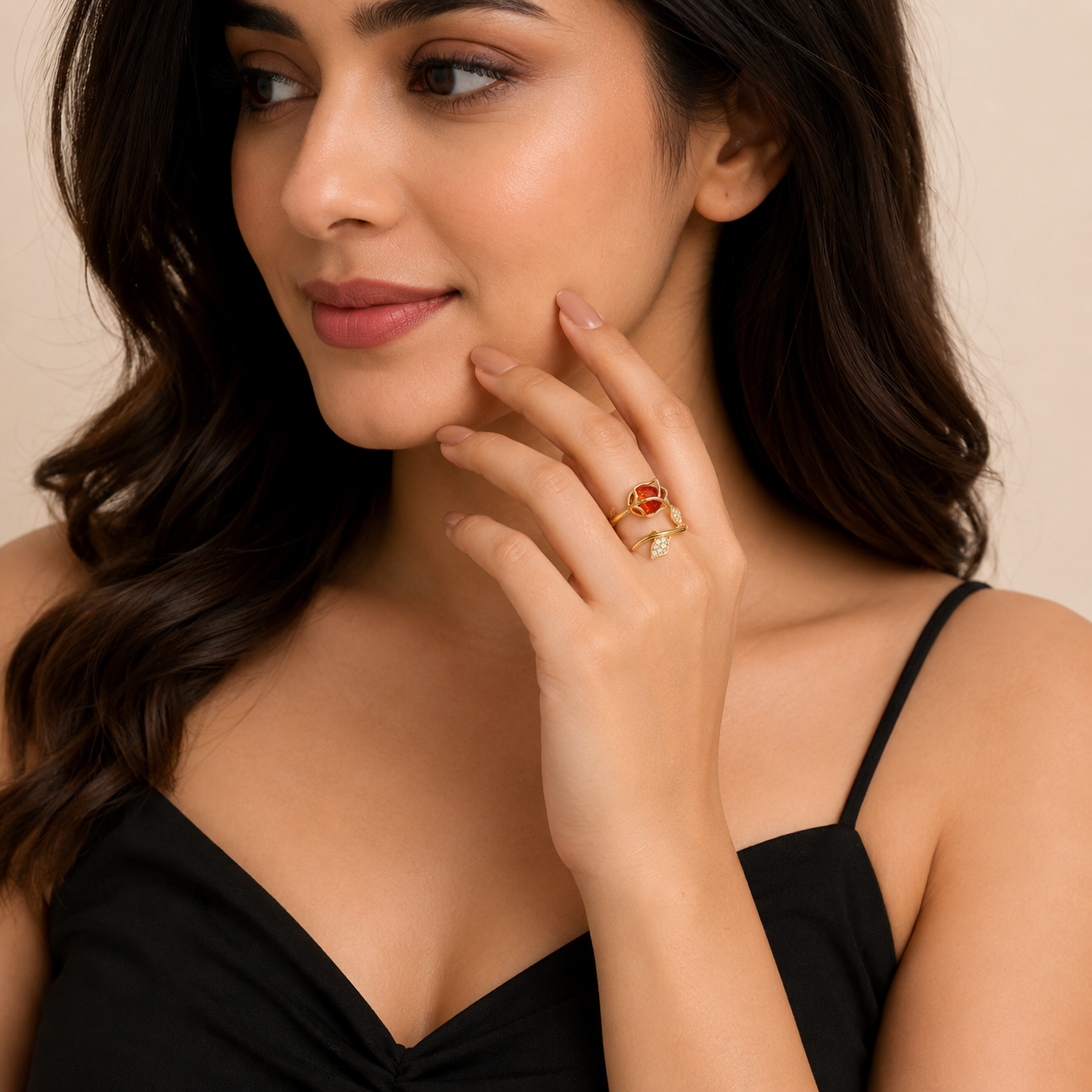 Ruby Leaf Elegance Adjustable Ring