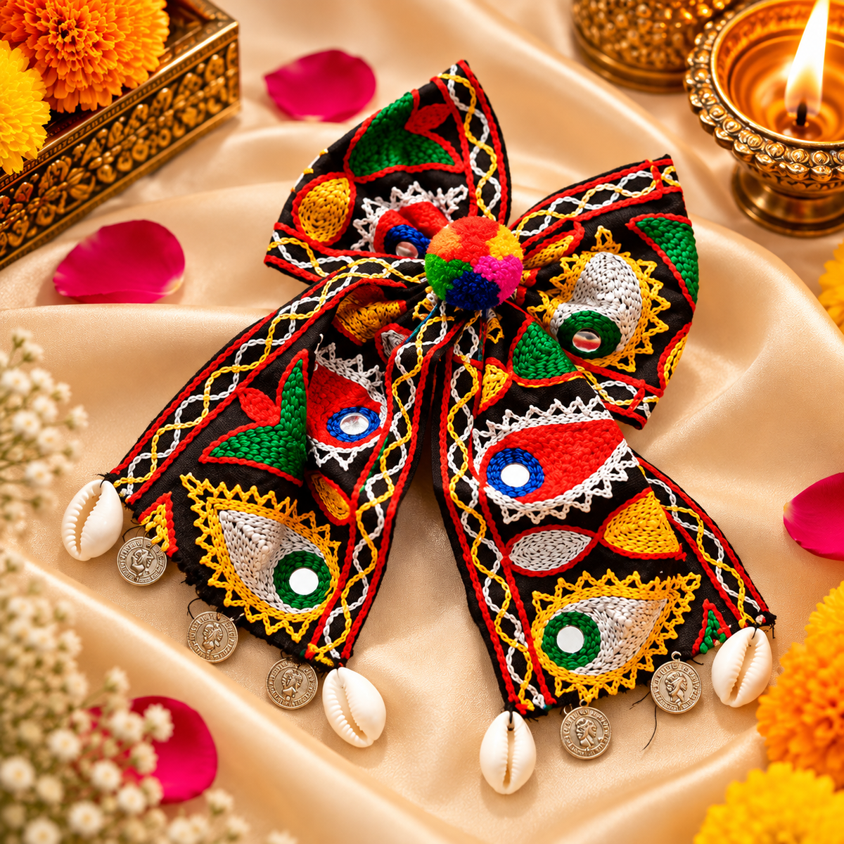 Navrang Mirror Work Long Bow Hair Tie