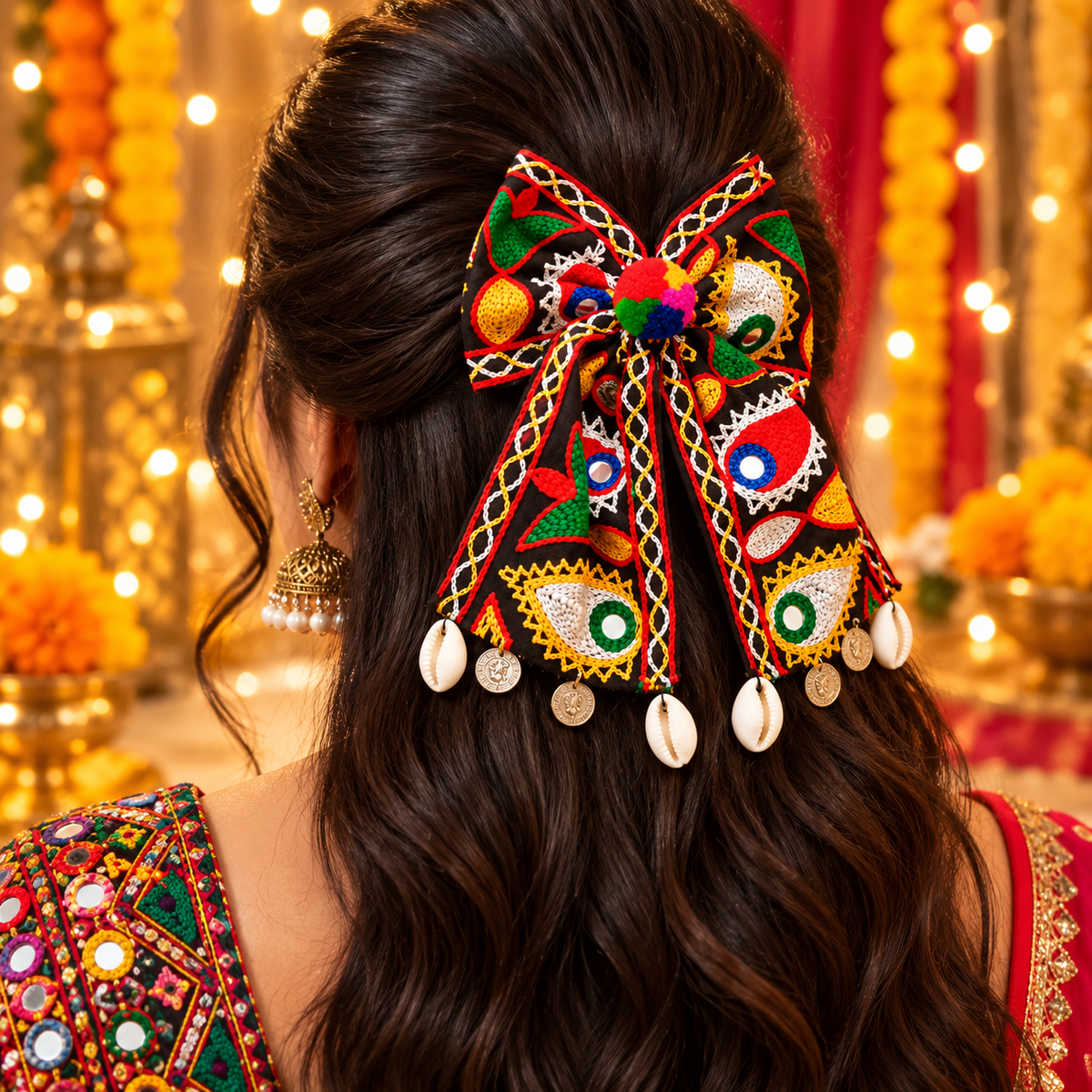 Navrang Mirror Work Long Bow Hair Tie