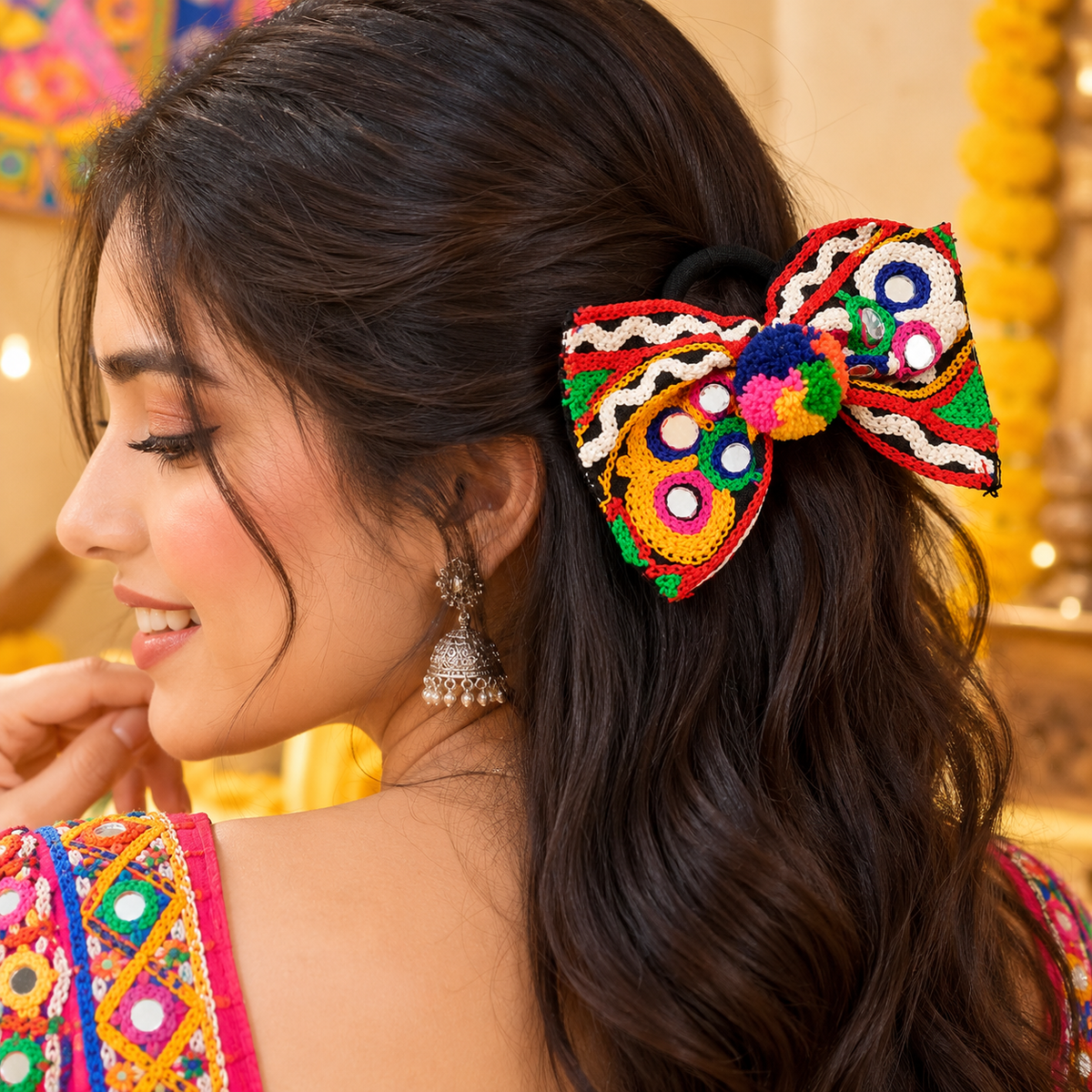 Navrang Mirror Work Pom-Pom Bow Hair Tie