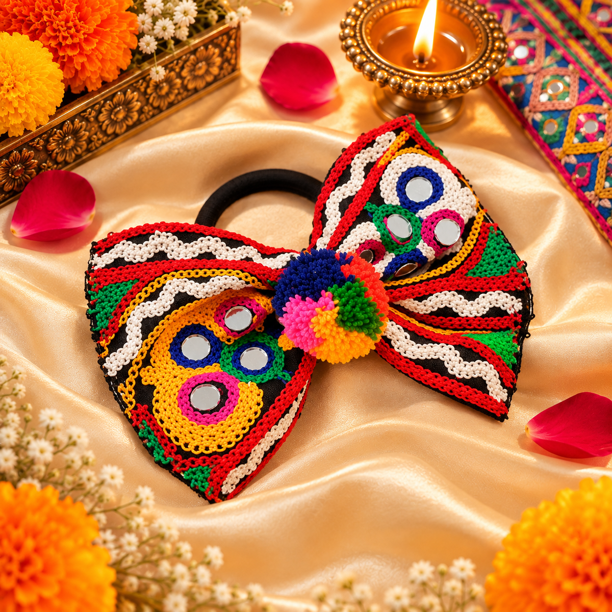 Navrang Mirror Work Pom-Pom Bow Hair Tie