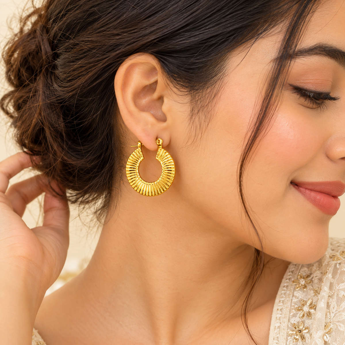18K Gold-Plated Radiant Ribbed Gold Hoop Earrings
