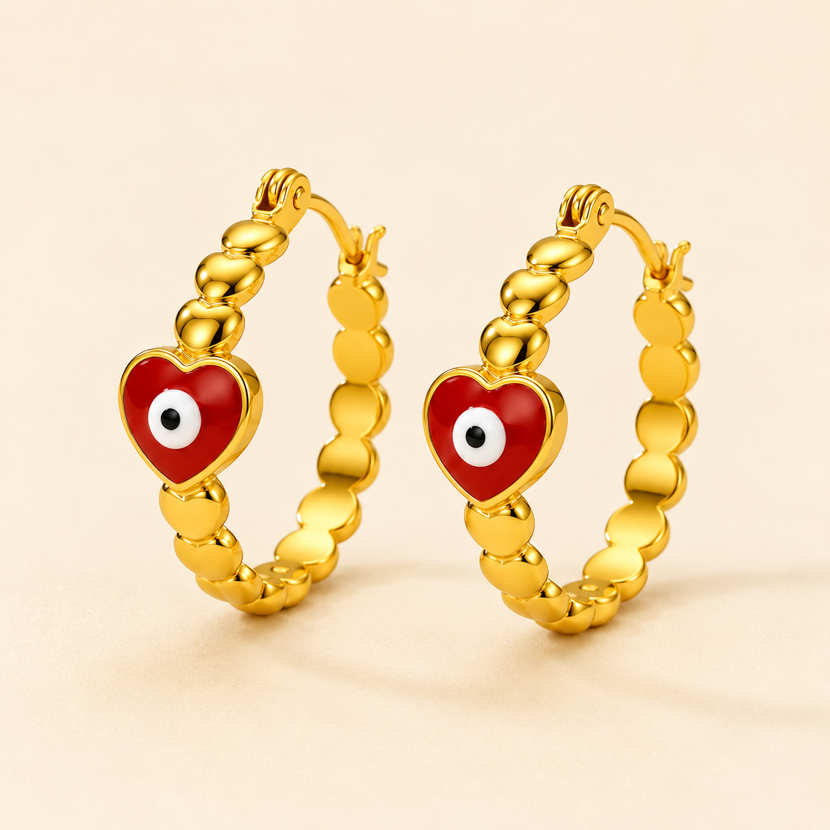 18K Gold Plated Red Evil Eye Hoop Earrings