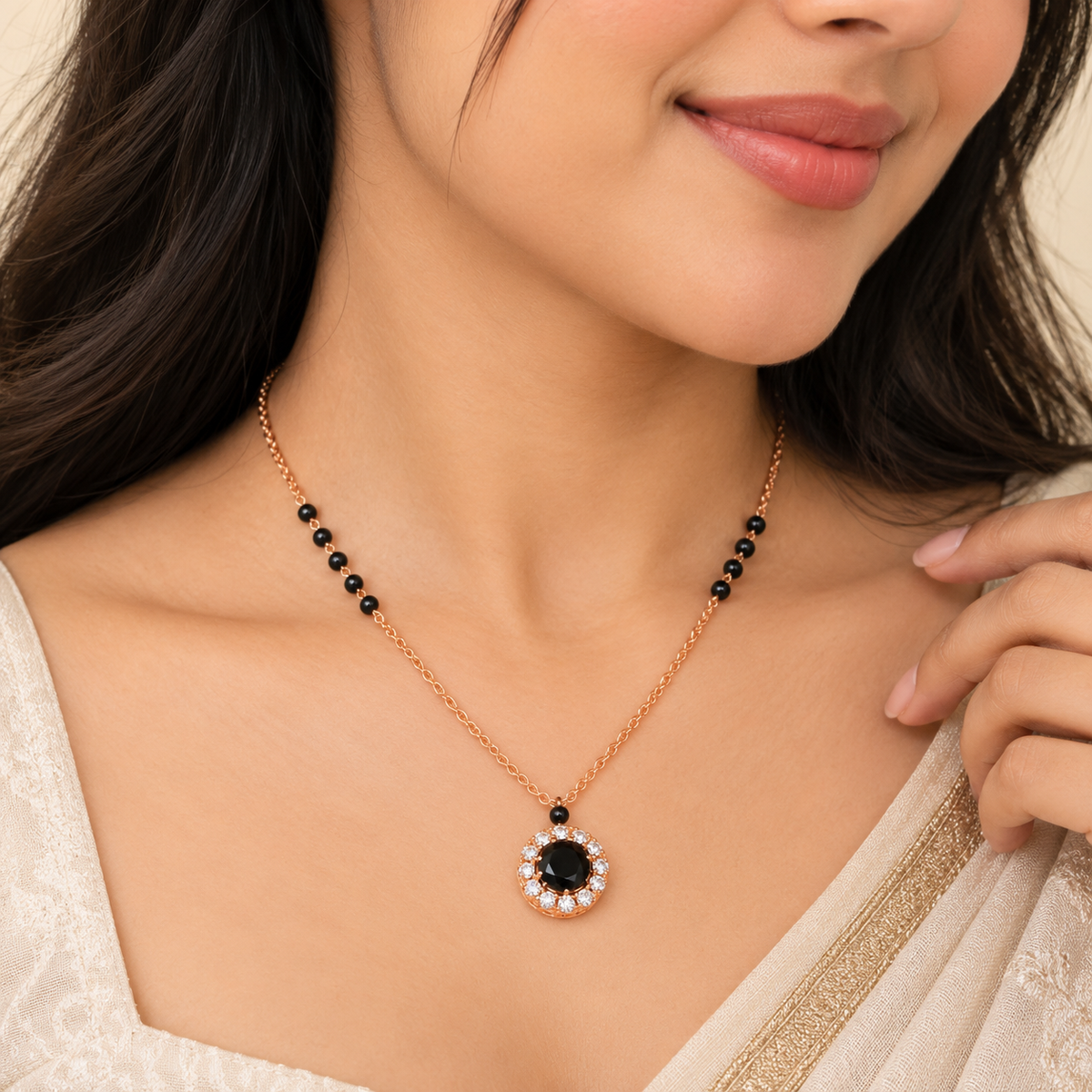 Rose Gold Black Stone Mangalsutra