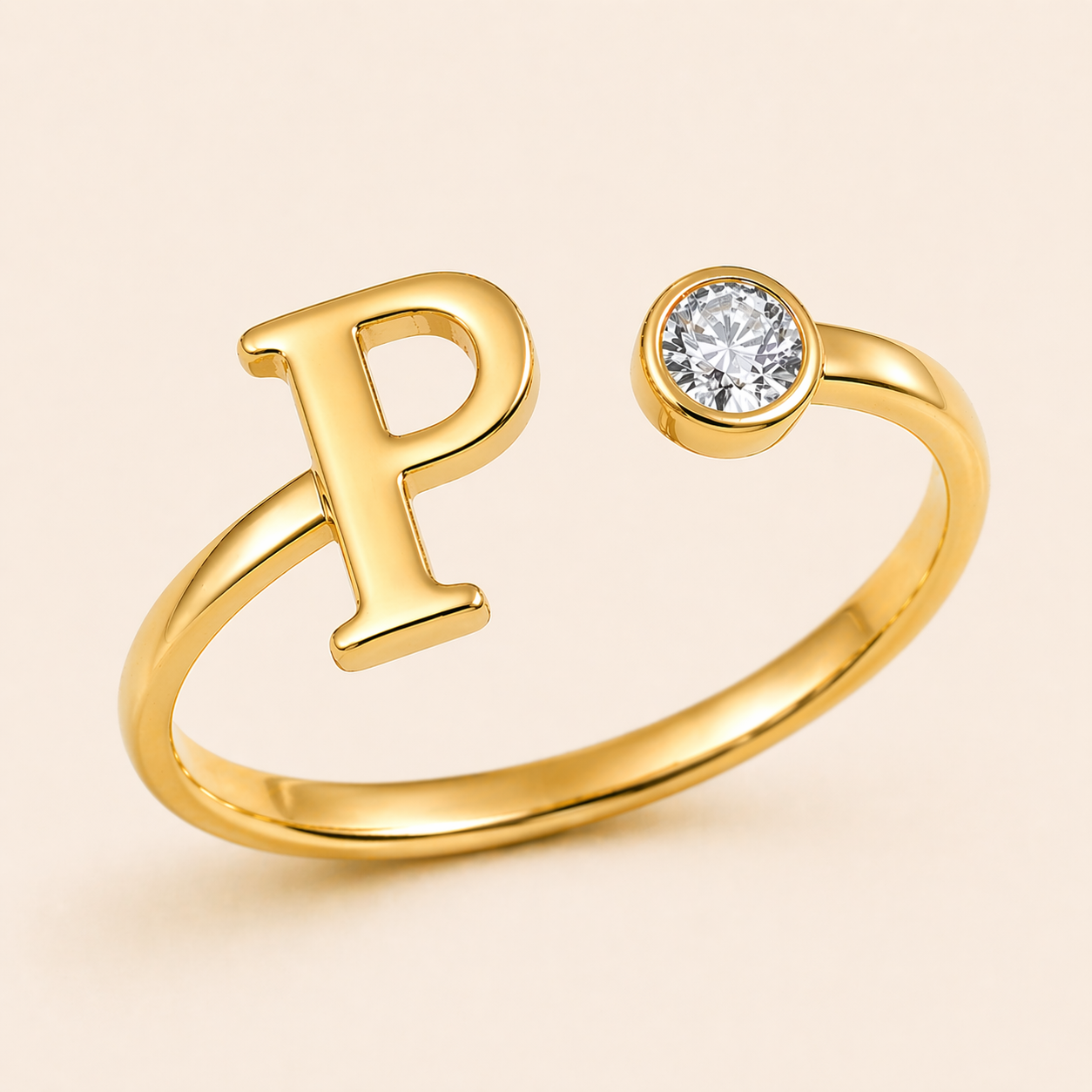 18K Gold Plated Adjustable Initial Charm Ring