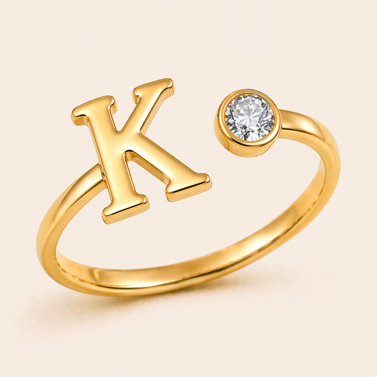 18K Gold Plated Adjustable Initial Charm Ring