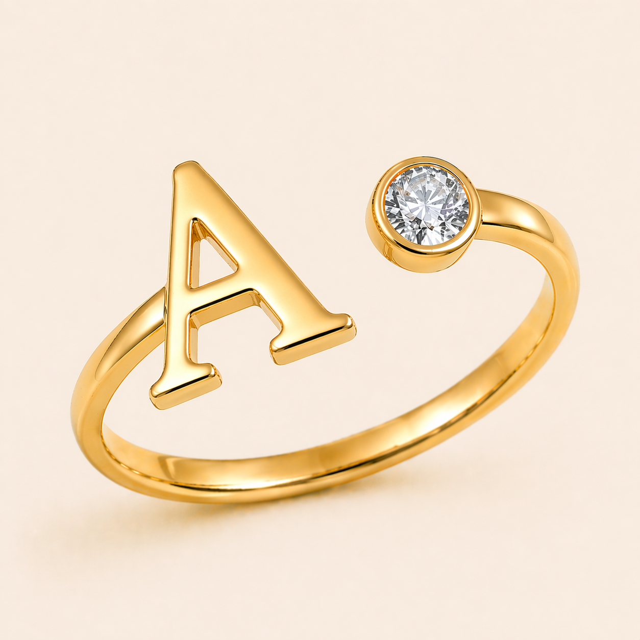 18K Gold Plated Adjustable Initial Charm Ring