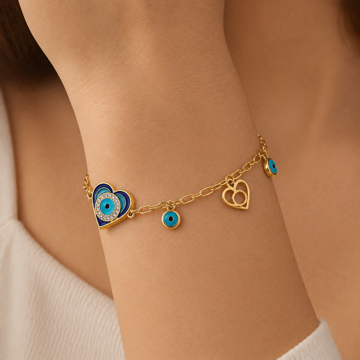 18K Gold Plated Lucky Heart Evil Eye Charm Bracelet