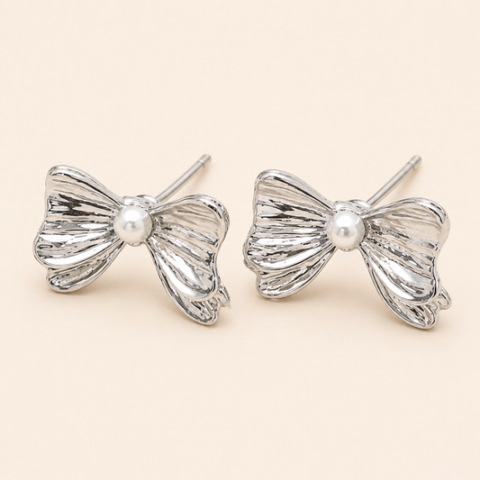 Silver Petal Pearl Bow Earrings