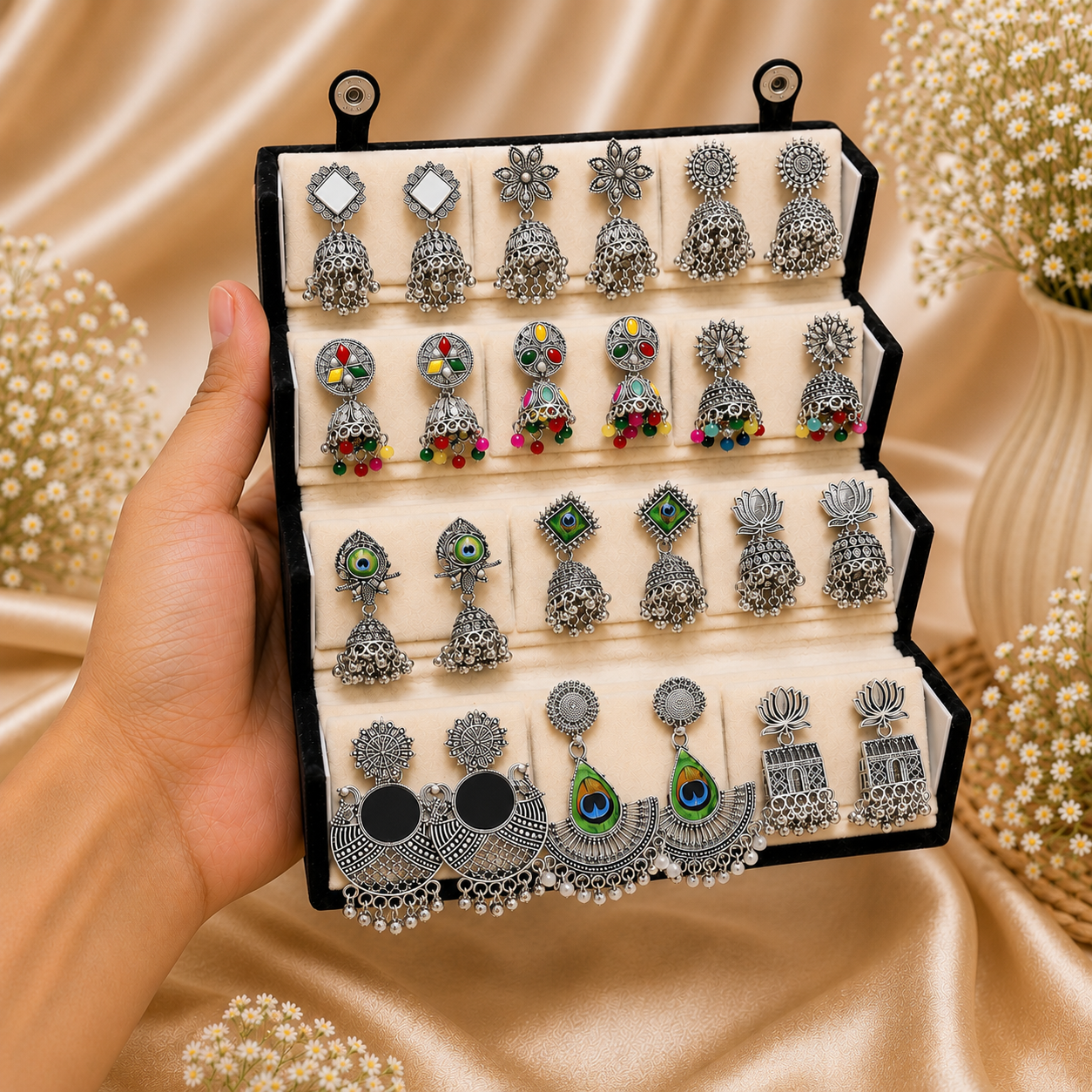 Designer Oxidized Silver Earrings Set – 12 Pairs