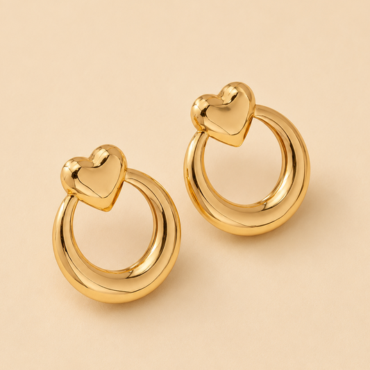 18k Gold Plated  Love Heart Big Circle Hoop Drop Earring