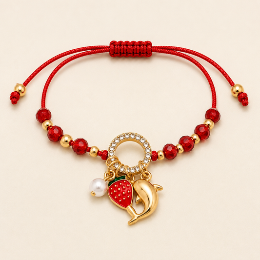 Strawberry Dolphin & Pearl Charms Bracelet