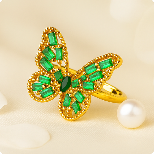 Green Diamond Butterfly Ring