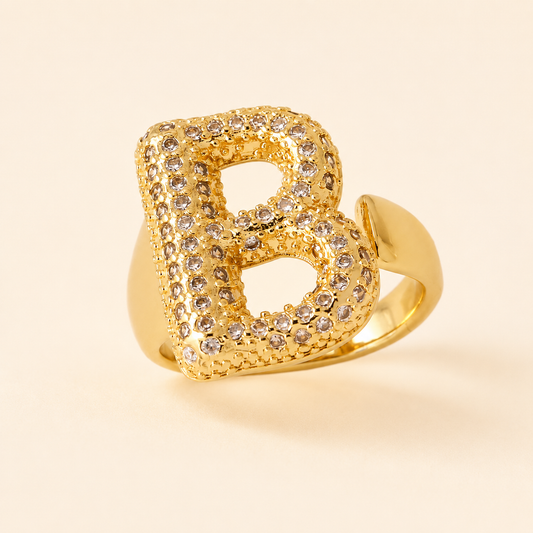 18K Gold Plated Adjustable Initial Charm Ring