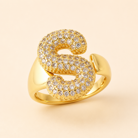 18K Gold Plated Adjustable Crystal Initial Ring