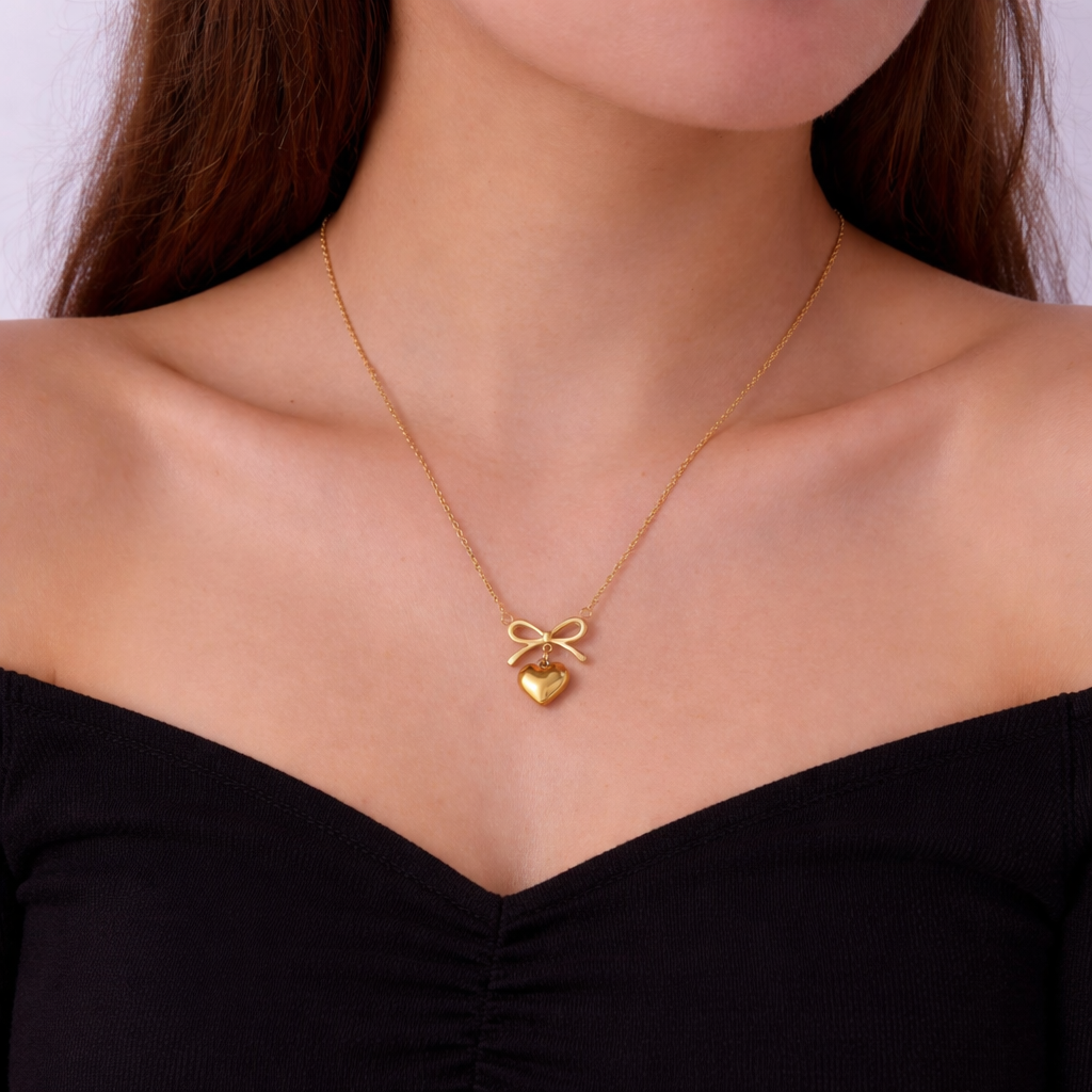 18k Gold Plated Heart Ribbon Anti Tarnish Necklace