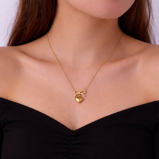 18k Gold Plated Heart Ribbon Anti Tarnish Necklace