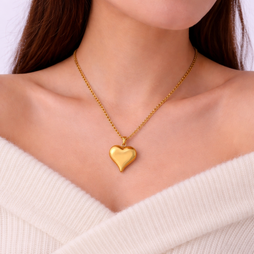 18k Gold Plated Stainless Steel and Heart Charm Necklace