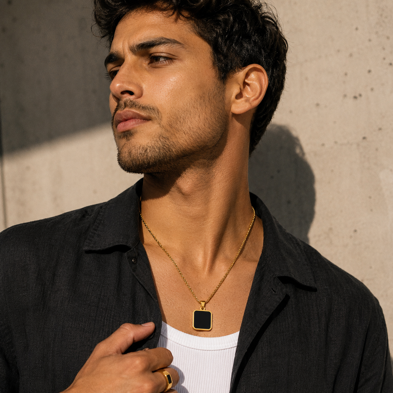Men-18K Gold Plated Anti Tarnish Black Square Charm Chain