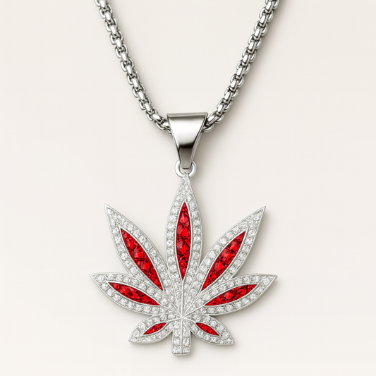 Men - Leaf Pendant Red Crystal Stainless Steel Necklace