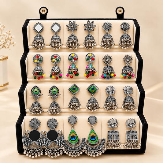 Designer Oxidized Silver Earrings Set – 12 Pairs